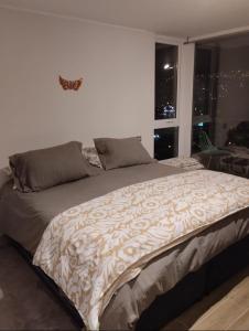 a large bed in a bedroom with a window at Departamento central viña in Viña del Mar +4 photos