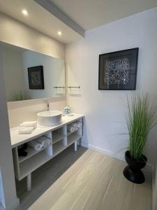 W łazience znajduje się umywalka i lustro. w obiekcie Cozy hotel with Super location near Disney w mieście Kissimmee