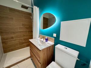 a bathroom with a toilet and a sink and a mirror at Guest house close to Disney! in Montévrain