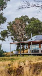 a house with a bowl on the front of it at Kestrel Nest EcoHut in Mount Adrah