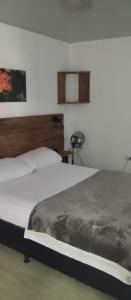 a bedroom with a large bed with a wooden headboard at JARDIN CAFETERO in Trujillo