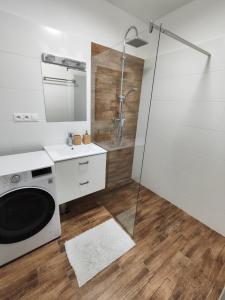 a bathroom with a shower and a washing machine at AK Apartments Castle in Bojnice