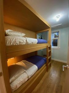 two bunk beds in a room with a window at Cozy Garden Apt in Williamsburg NYC Townhouse in Brooklyn