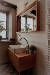 La salle de bains est pourvue d'un lavabo et d'un miroir. dans l'établissement Appartement Atypique, à Soultz-Haut-Rhin