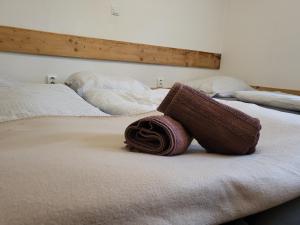 2 camas con una almohada encima de ellas en Chalupa M&P 2, en Ružomberok