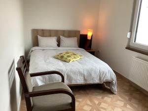 a bedroom with a bed with a pillow and a chair at Sanhe in Rollingen