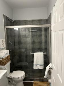 a bathroom with a shower with a toilet and a sink at Favored Stay in Savannah