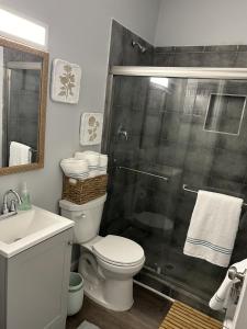 a bathroom with a shower and a toilet and a sink at Favored Stay in Savannah