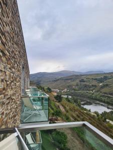 uma casa de vidro com vista para um rio em Delfim Douro Hotel em Lamego