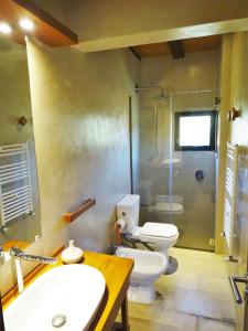 a bathroom with a toilet and a sink and a shower at Valle del Hilo de la Vida in Minas