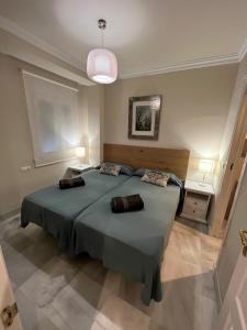 1 dormitorio con 1 cama azul grande y 2 almohadas en Mirador de Sanlucar 6, en Sanlúcar de Barrameda