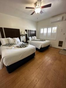 1 dormitorio con 2 camas y ventilador de techo en Cambria Palms Motel, en Cambria