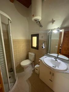 ein Badezimmer mit einem WC, einem Waschbecken und einem Spiegel in der Unterkunft Ático aires de gredos in Candeleda