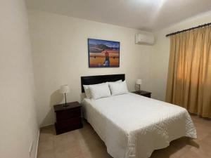 1 dormitorio con 1 cama, 2 lámparas y ventana en Apartahotel Alvear, en Santo Domingo