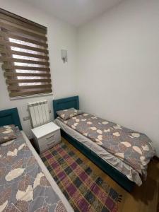 two twin beds in a room with a window at Apartmani Dino Kolasin in Kolašin