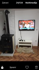 a fireplace in a living room with a flat screen tv at Milja Goč in Kraljevo