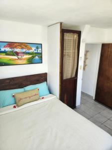Puerto Nuevo的住宿－Tropicoco Pool House Steps From The Beach，一间卧室配有一张大床和木制床头板
