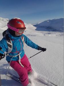 une personne fait du ski sur une piste enneigée dans l'établissement Cozy apartment close to nature, Kvaloya., à Kvaløya