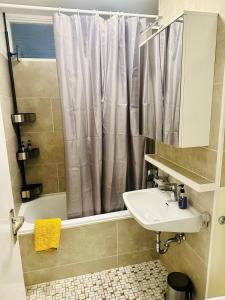 a bathroom with a shower curtain and a sink at Gaishöll-Wasserfälle Apartment Schwarzwald in Sasbachwalden +37 photos