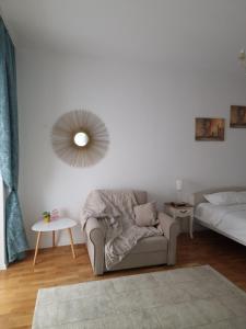Central Studio Sibiu في سيبيو: غرفة معيشة مع أريكة وسرير ومرآة