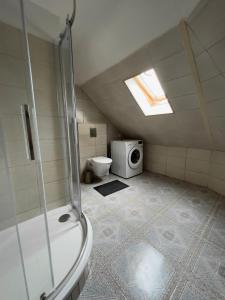 uma casa de banho com um chuveiro, um WC e uma janela. em Apartments Gala Abertamy em Abertamy