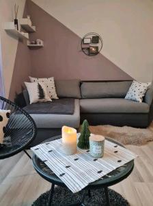 ein Wohnzimmer mit einem Sofa und einem Tisch in der Unterkunft Apartment in TOP Lage Durlacher Tor/KIT in Karlsruhe