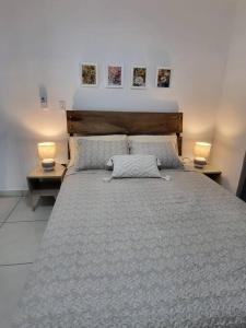 a bedroom with a large bed with two lamps at Loft Centrico Tranquilo Elegante APART #6 in Panama City