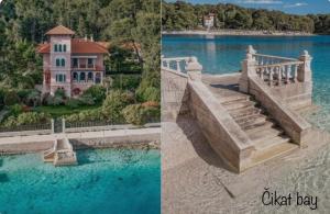 two pictures of a house with a bridge over the water at Beautiful view apartment with garage space in Mali Lošinj