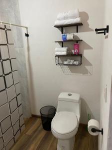 a bathroom with a white toilet and towels at Cabaña Beto’s in Mazamitla