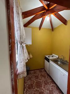 a small kitchen with a stove and a sink at CABAÑAS RINCON CHILENO in Monte Grande