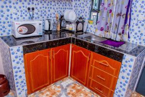 a kitchen counter with a microwave and a sink at A&B Cozy Apartments Kitale in Kitale +71 photos