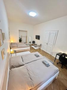 een kamer met 2 bedden en een televisie. bij Spacious 2BDR apartment with balcony in Wenceslas Square in Praag