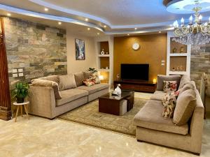 uma sala de estar com dois sofás e uma televisão em Cozy 3BR Apartment in Maadi no Cairo