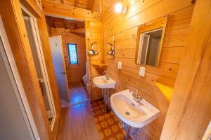 Tsushima Miuda Pension في تسوشيما: حمام مع مغسلتين في كابينة خشبية