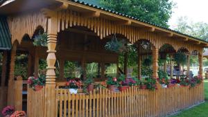 a wooden gazebo with potted plants on it at Pensiunea Maria in Rohia