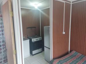 uma pequena cozinha com um fogão e um frigorífico em Mini cabaña nueva independiente em Temuco