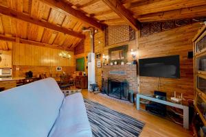 a living room with a couch and a fireplace at Caribou Cabin in Munds Park