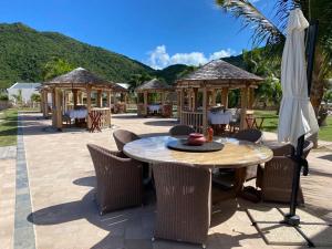 eine Terrasse mit einem Tisch, Stühlen und einem Pavillon in der Unterkunft Studio à Anse Marcel avec Air Conditionné et Parking - FR-1-734-52 in Marigot