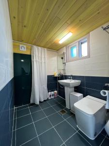 a bathroom with a white toilet and a sink at An Gimnyeong Stay in Jeju