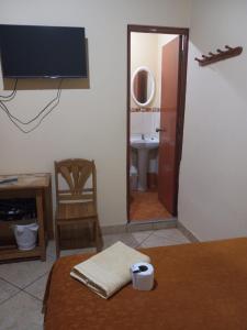 een kamer met een badkamer met een toilet en een televisie bij FLOWERs HOSTEL in Nazca