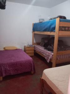 1 dormitorio con 2 literas con sábanas moradas en FLOWERs HOSTEL, en Nazca