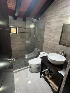 にあるKasa Morelos Hotel Boutiqueのバスルーム(トイレ、洗面台、シャワー付)