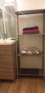 a bathroom with a sink and a shower with towels at Studio meublé et équipé in Ingré +18 photos