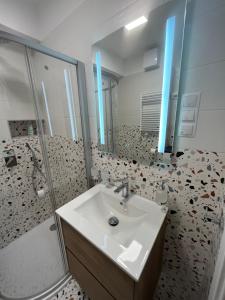 uma casa de banho com um lavatório e um chuveiro em Baleo50 Apartment em Budapeste