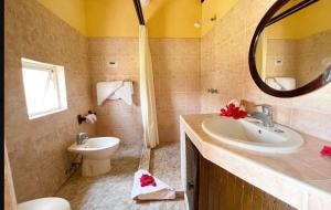 a bathroom with a sink and a toilet and a mirror at Barracuda Inn Resort in Watamu