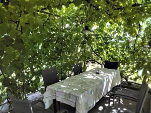 a table and chairs with a table and trees at fonyodapartman in Fonyód