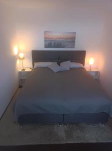 a bedroom with a large bed with two lamps at Relaxen vor den Toren Bambergs in Bischberg