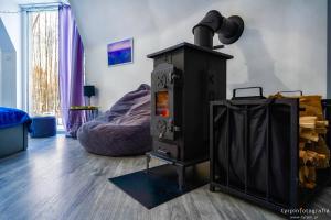 a room with a stove in the middle of a room at Bunkier House 