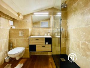 a bathroom with a toilet and a sink and a shower at Loft cocon climatisé - Imprenable vue sur le château Comtal in Carcassonne +14 photos