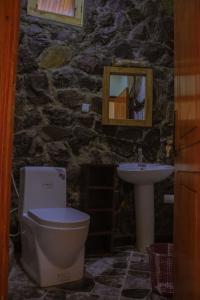 a stone bathroom with a toilet and a sink at Lalibela Hidmo Cozy Place in Lalībela